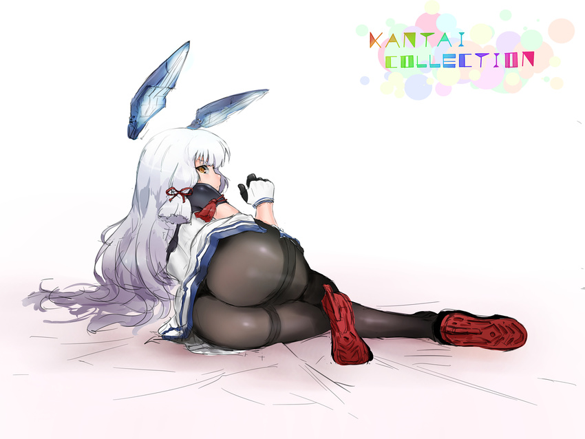 ass bangs black_legwear blunt_bangs copyright_name crotch_seam dress from_behind full_body hair_ribbon headgear kantai_collection long_hair looking_at_viewer looking_to_the_side lying murakumo_(kantai_collection) on_side orange_eyes panties panties_under_pantyhose pantyhose re_(tori) remodel_(kantai_collection) ribbon sailor_dress sideways_glance silver_hair sketch solo thighband_pantyhose tress_ribbon underwear white_hair