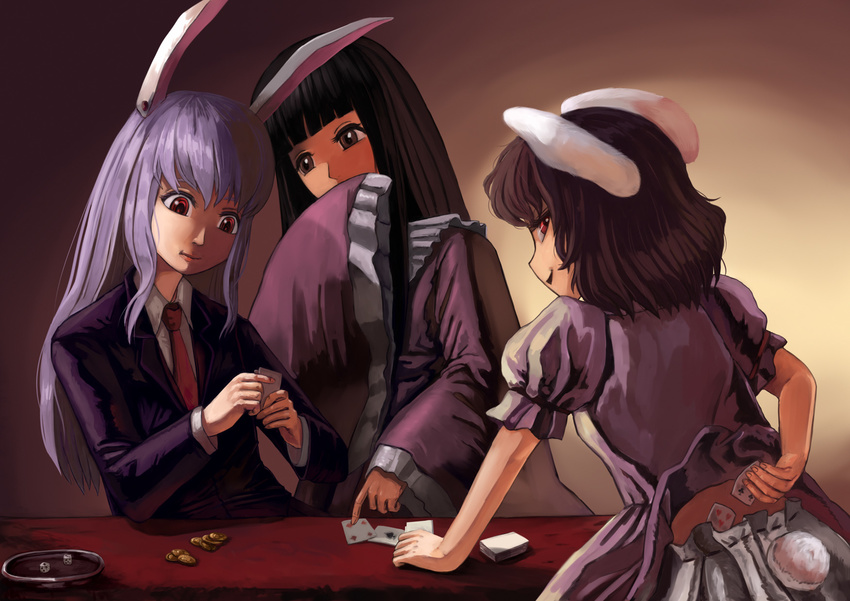 amibazh animal_ears arm_behind_back bangs black_hair bloomers blunt_bangs brown_eyes bunny_ears bunny_tail card cheating_(competitive) coin covering_mouth dice dress fine_art_parody frilled_shirt_collar frilled_sleeves frills gradient gradient_background hand_on_own_face highres houraisan_kaguya inaba_tewi lavender_hair light_smile lips long_hair long_sleeves multiple_girls necktie parody parted_lips playing_card pointing puffy_short_sleeves puffy_sleeves red_eyes red_neckwear reisen_udongein_inaba short_hair short_sleeves sideways_glance sideways_mouth simple_background sleeves_past_wrists suit_jacket table tail the_cardsharps_(caravaggio) touhou underwear very_long_hair wide_sleeves