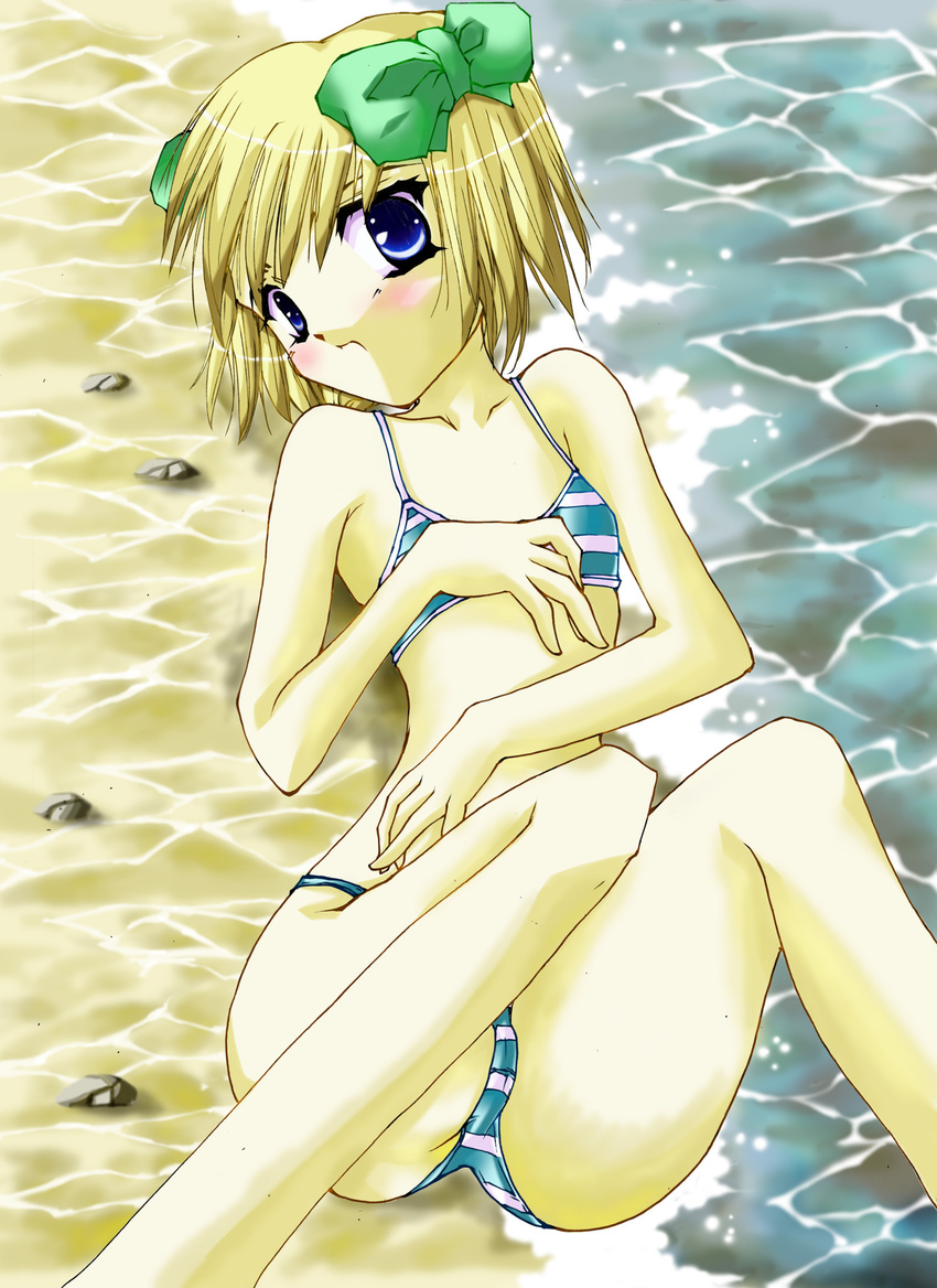 1girl beach bianca's_daughter bianca's_daughter bikini blonde_hair blue_bikini blue_eyes blush bow collarbone dragon_quest dragon_quest_v hair_ornament jun lying on_back sand short_hair solo striped_bikini striped_swimsuit swimsuit water