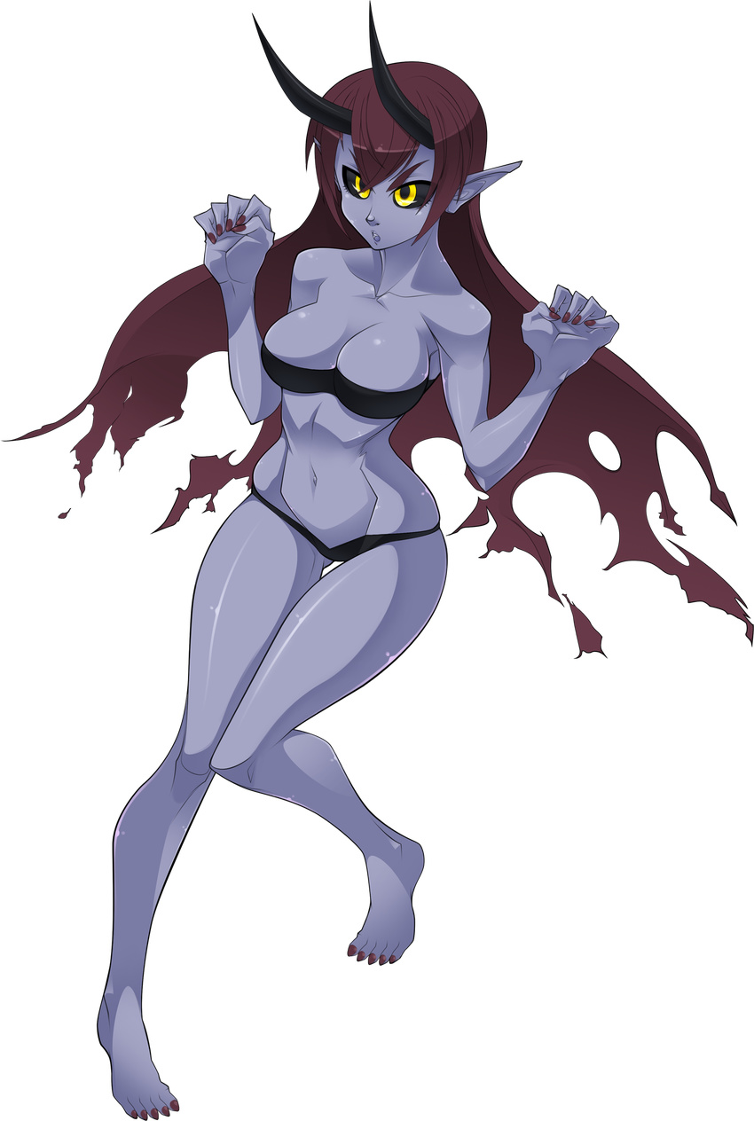 bandeau barefoot black_panties black_sclera breasts cleavage concept_art demon_girl demon_horns fearless_night full_body hell_princess highres horns large_breasts long_hair nail_polish navel no_wings panties pointy_ears purple_nails purple_skin red_hair solo spike_wible strapless toenail_polish transparent_background underwear underwear_only yellow_eyes