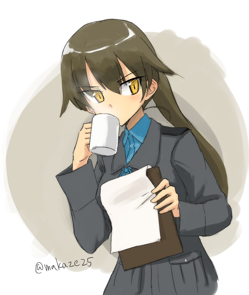 angela_salas_larrazabal blue_ribbon brown_hair clipboard collared_shirt cup drinking highres holding long_hair long_sleeves makaze_(t-junction) military military_uniform mug paper ponytail ribbon shirt solo twitter_username uniform world_witches_series yellow_eyes