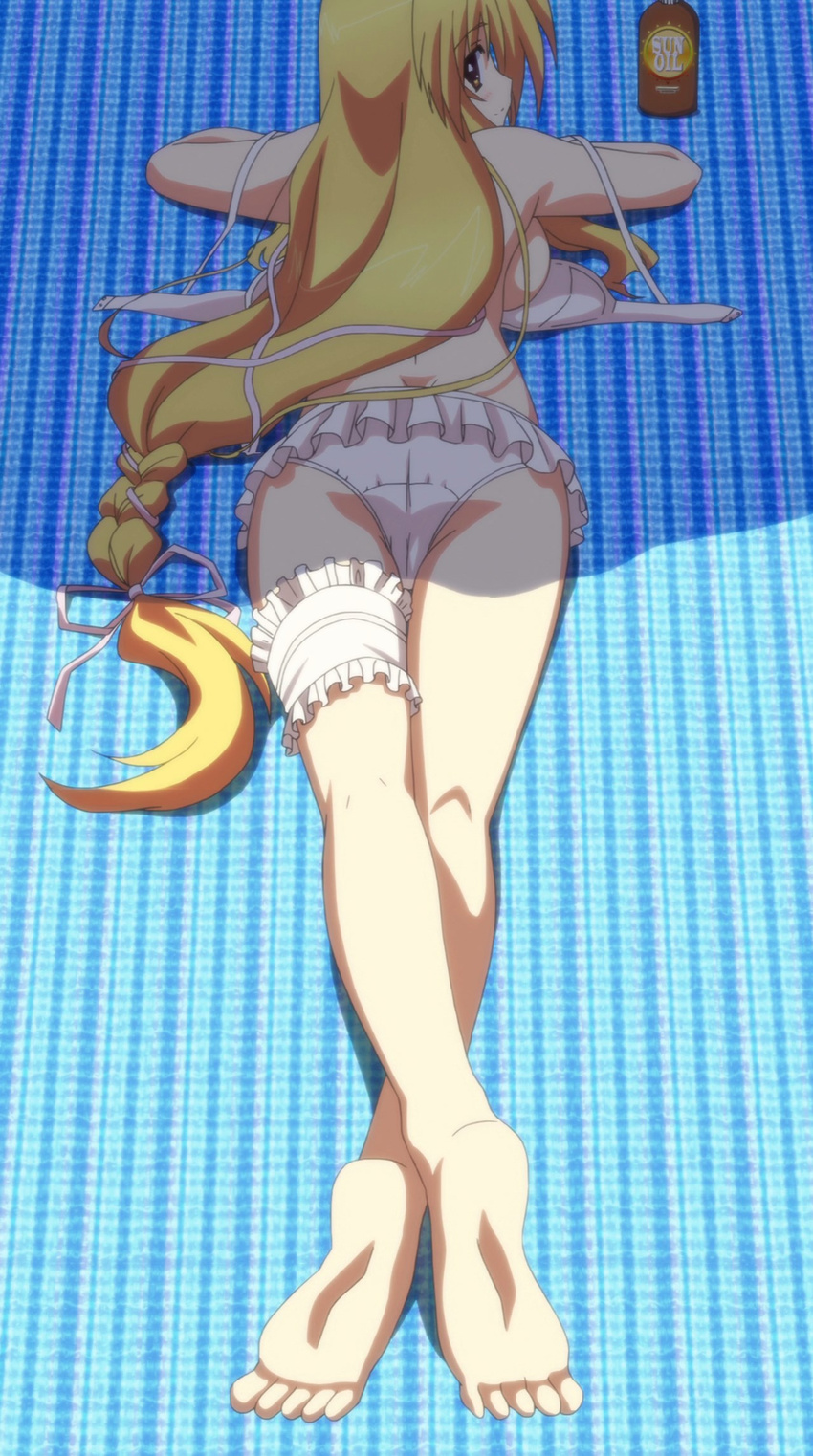 1girl ass back barefoot beach bikini braid feet frills from_behind garter garters hoshizora_e_kakaru_hashi legs long_hair looking_at_viewer orange_hair panties screencap soles solo swimsuit toes toudou_tsumugi underwear very_long_hair