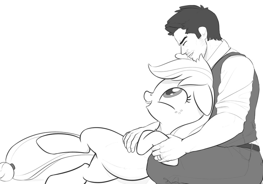 2015 applejack_(mlp) bed clothing cutie_mark duo earth_pony equine eyes_closed female feral freckles friendship_is_magic hair hat horse human male mammal monochrome my_little_pony pony txlegionnaire