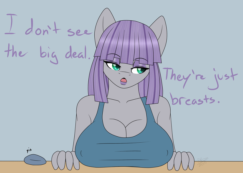 2015 anthro anthrofied big_breasts blue_eyes boulder_(mlp) breasts cleavage clothed clothing dialogue earth_pony english_text ensayne equine female friendship_is_magic fur grey_fur hair horse mammal maud_pie_(mlp) my_little_pony pony purple_hair solo text