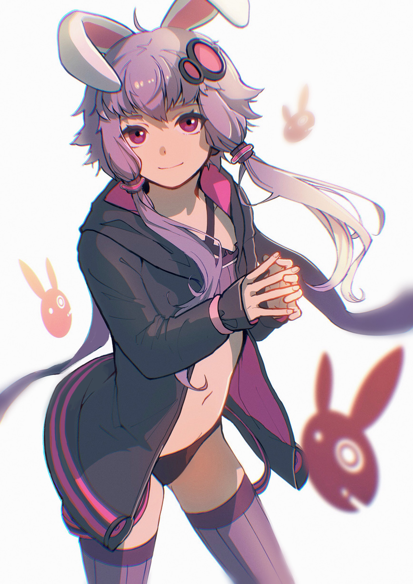 absurdres animal_ears black_panties bunny_ears flat_chest hair_ornament hair_over_shoulder hairclip highres hood hood_down hooded_jacket jacket long_hair looking_at_viewer navel open_clothes open_jacket panties pine_(yellowpine112) purple_eyes purple_hair purple_legwear short_hair_with_long_locks sidelocks smile solo steepled_fingers thighhighs underwear vocaloid voiceroid yuzuki_yukari