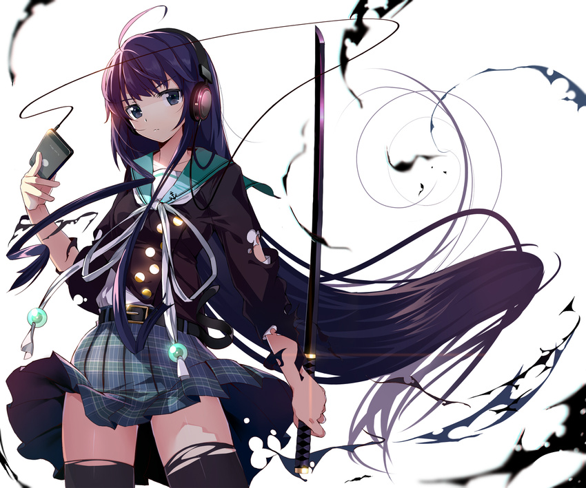 ahoge black_legwear cellphone headphones highres holding katana long_hair looking_at_viewer machimura_komori original phone purple_eyes purple_hair school_uniform serafuku skirt solo sony sword thighhighs thighs torn_clothes torn_legwear torn_skirt very_long_hair weapon