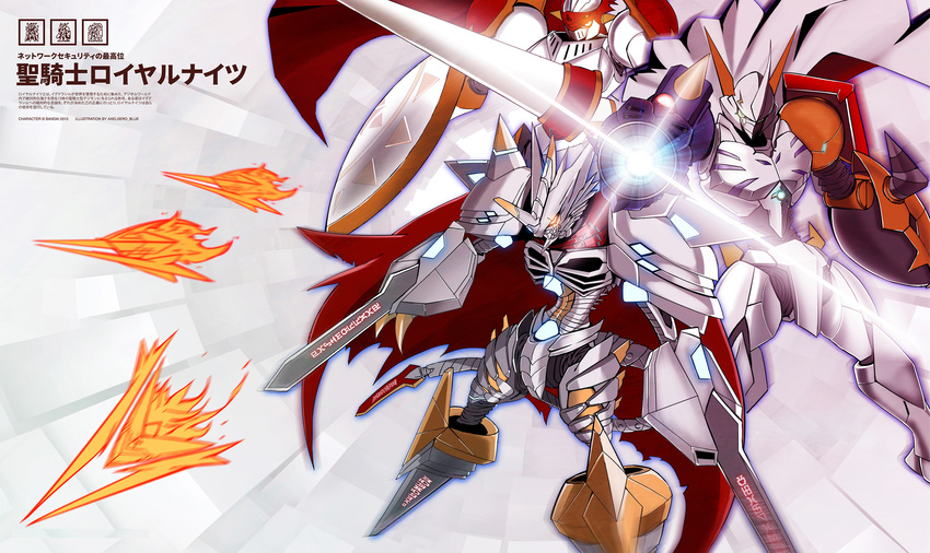 armor bandai cannon claws cover digimon dukemon epic fake_cover gauntlets gold highres horns jesmon monster no_humans omegamon red_cape royal_knights shoulder_pads simple_background solo spear sword tail weapon