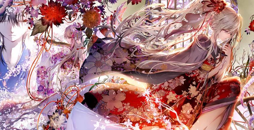 1girl closed_eyes flower hair_ornament instrument japanese_clothes kimono long_hair original ponytail tears tsukioka_tsukiho violin window