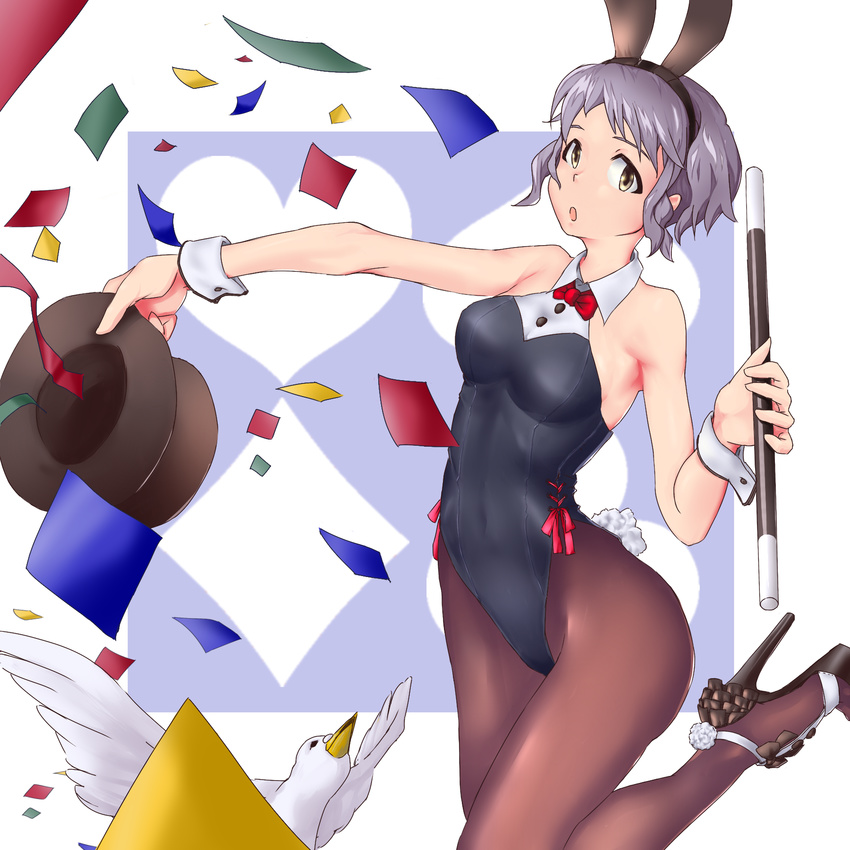 :o animal_ears bare_shoulders bunny_ears bunny_tail bunnysuit confetti hat hat_removed headwear_removed high_heels highres idolmaster idolmaster_million_live! itsuki_(itsukiitsuki1) magic_trick makabe_mizuki pantyhose purple_hair short_hair solo stiletto_heels tail top_hat wand wrist_cuffs yellow_eyes