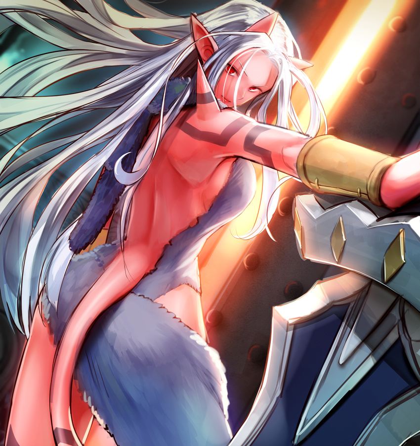 arm_at_side backless_outfit bangs chirigami-san demon_girl demon_tail gate highres horns huge_weapon lips long_hair looking_at_viewer original parted_bangs pointy_ears red_eyes red_skin serious solo sword tail very_long_hair weapon white_hair wrist_cuffs