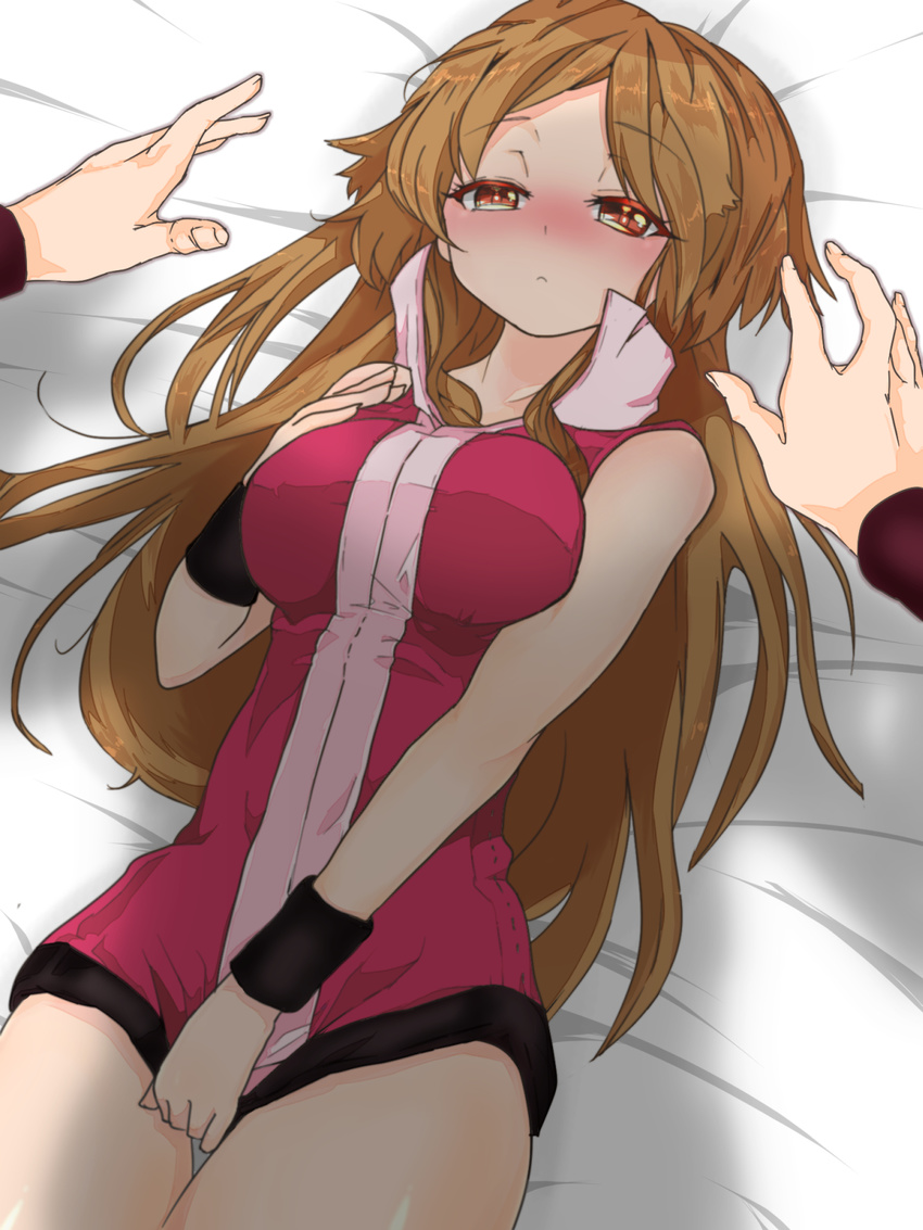 bed_sheet blue_(pokemon) blush breasts brown_hair covering covering_crotch highres long_hair looking_at_viewer lying medium_breasts mitsudoue on_back pokemon pokemon_(game) pokemon_frlg pov red_eyes solo_focus thighs