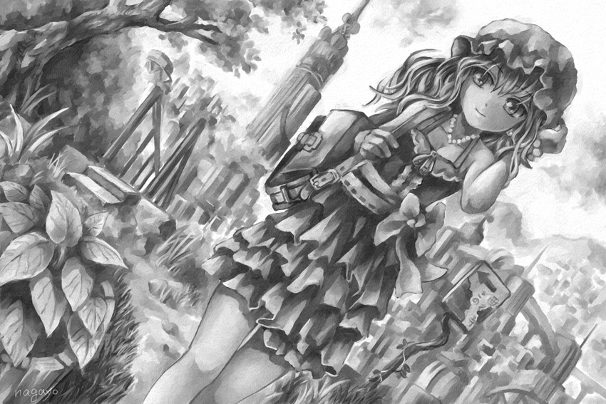 artist_name bad_id bad_pixiv_id bag bare_arms bare_shoulders bracelet breasts bridge city cleavage dress dutch_angle frilled_dress frills greyscale hand_on_headwear handbag hat jewelry layered_dress light_smile long_hair looking_at_viewer maribel_hearn mob_cap monochrome mountain nagayo necklace pearl_necklace plant potted_plant ribbon sign sleeveless sleeveless_dress small_breasts solo touhou tower tree vines