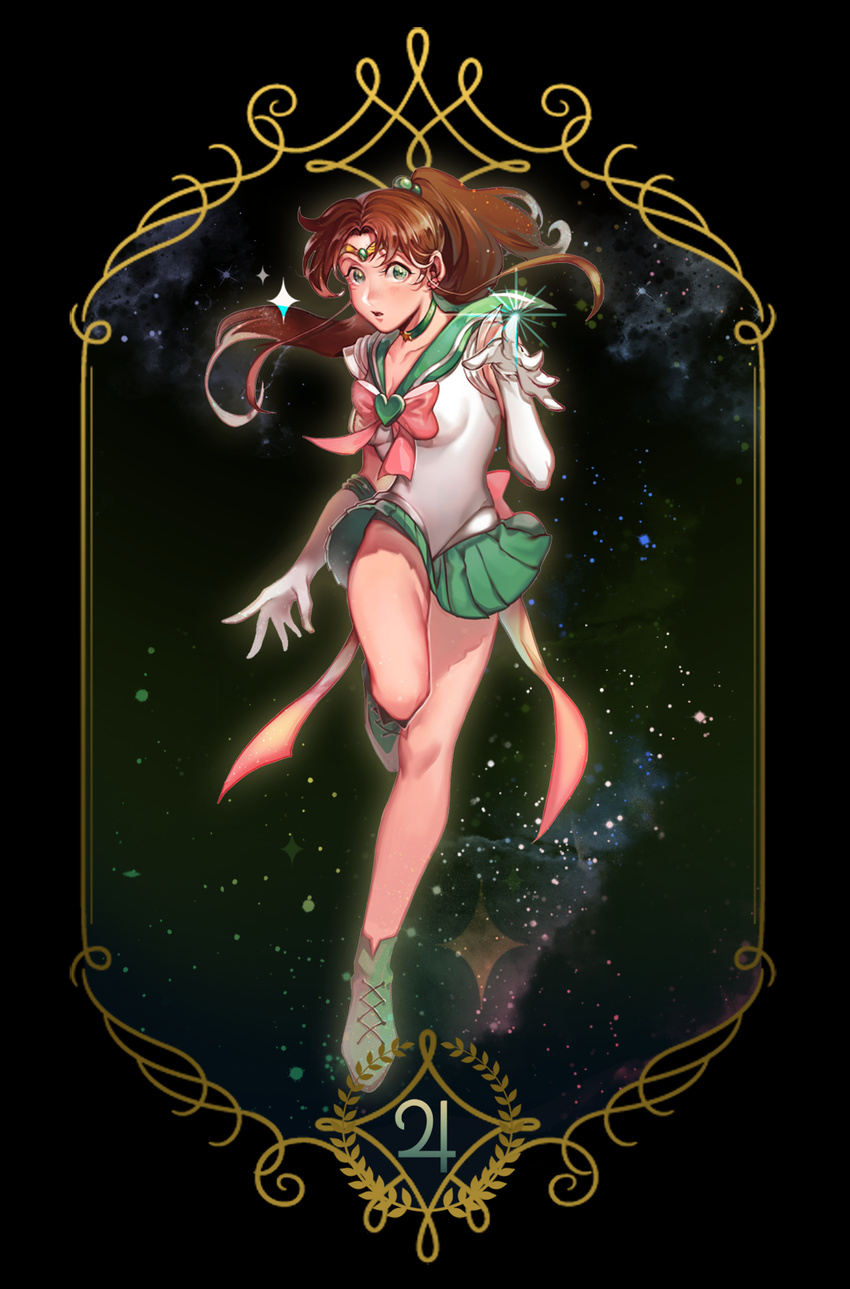 ankle_boots bad_id bad_pixiv_id bishoujo_senshi_sailor_moon boots bow brown_hair choker circlet cross-laced_footwear earrings elbow_gloves frame full_body gloves green_eyes green_footwear green_sailor_collar green_skirt hair_bobbles hair_ornament heart high_ponytail highres jewelry jupiter_symbol kino_makoto long_hair looking_at_viewer open_mouth pam_xo01 pink_bow pleated_skirt ponytail sailor_collar sailor_jupiter sailor_senshi_uniform skirt solo standing standing_on_one_leg star star_choker stud_earrings super_sailor_jupiter white_gloves
