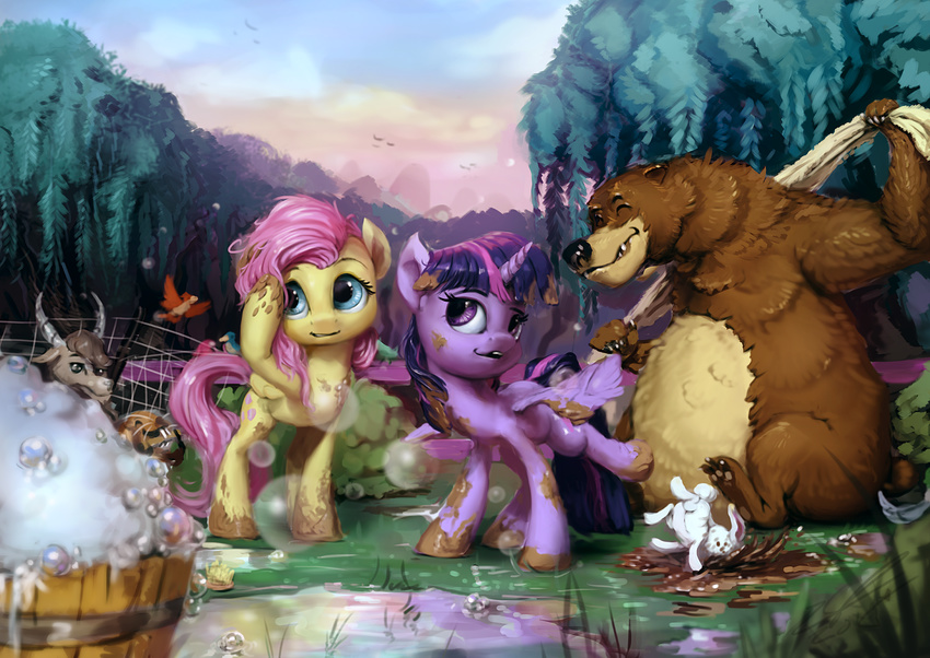 2015 angel_(mlp) assasinmonkey avian bath bear bird bubble bucket caprine dirty equine female fluttershy_(mlp) forest friendship_is_magic goat group hair horn lagomorph mammal mud my_little_pony outside pegasus purple_hair purple_theme rabbit towel tree twilight_sparkle_(mlp) winged_unicorn wings