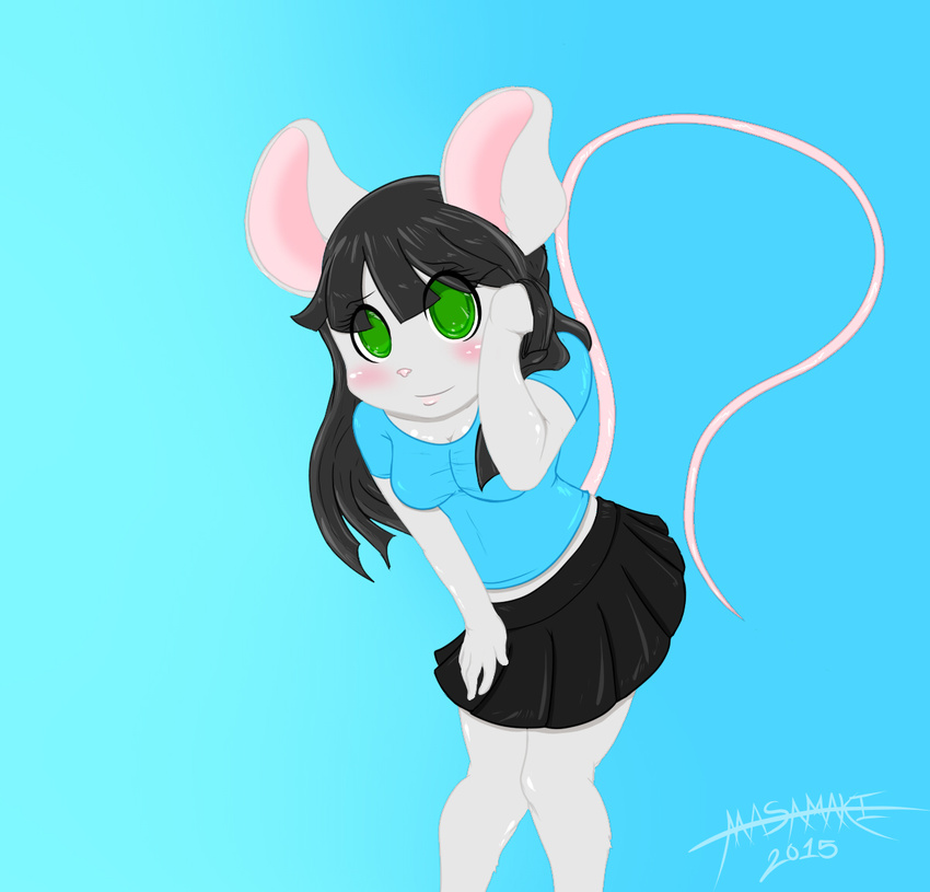 2015 anthro blush clothed clothing female mammal masamaki mouse plain_background rodent shirt skirt smile solo