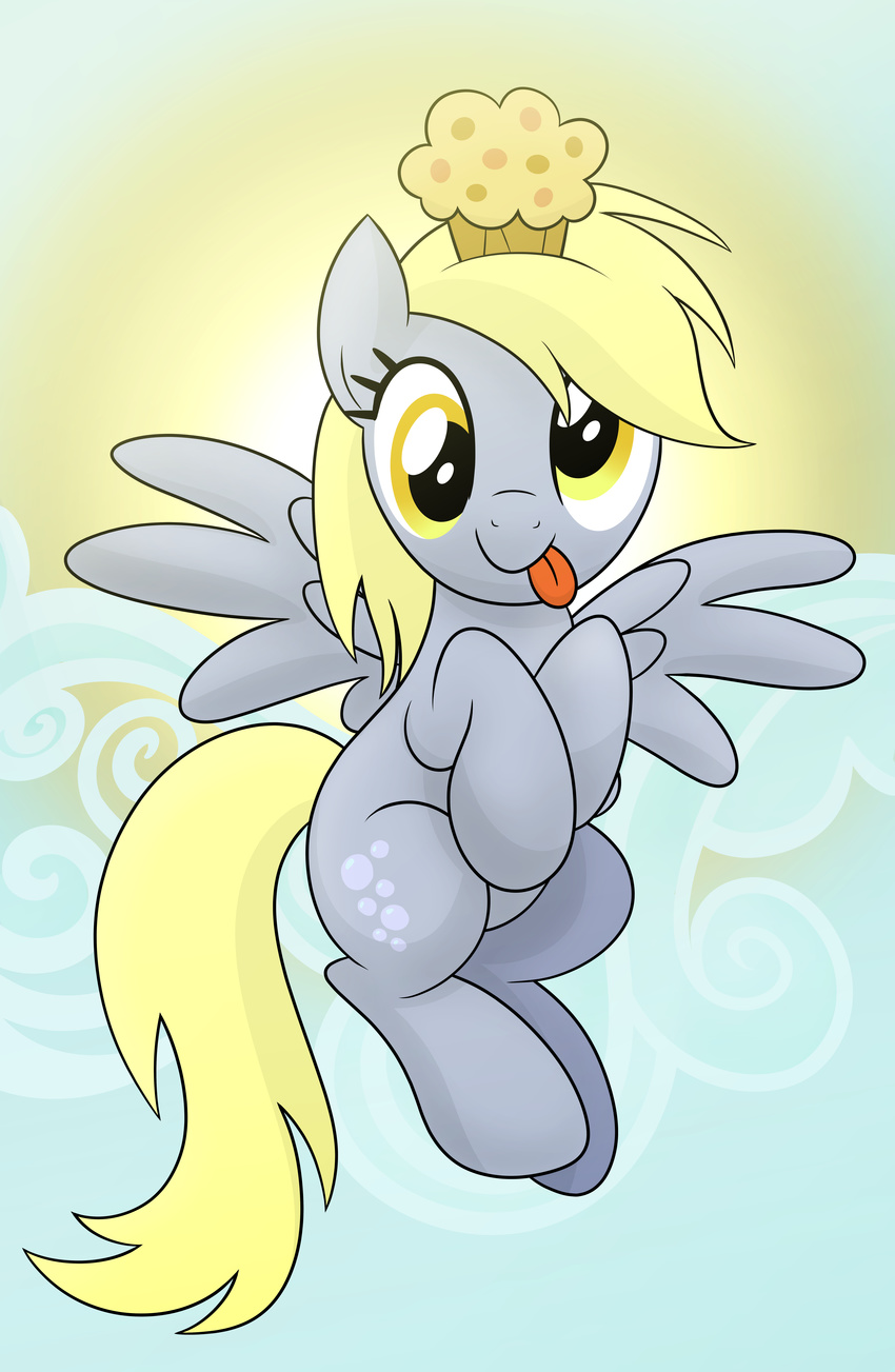 2014 absurd_res blonde_hair cloud cutie_mark derp_eyes derpy_hooves_(mlp) drawponies equine female food friendship_is_magic hair hi_res looking_at_viewer mammal muffin my_little_pony pegasus sitting solo sun tongue tongue_out wings yellow_eyes