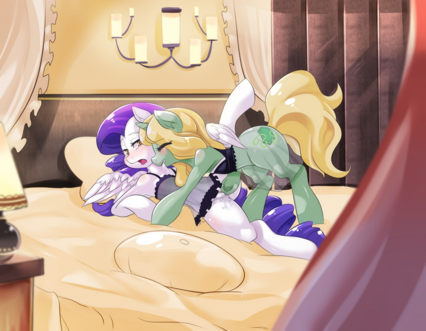 2015 bed duo equine fan_character female female/female feral freedomthai friendship_is_magic horn mammal my_little_pony nightgown pegasus pussy rarity_(mlp) unicorn vaginal wings