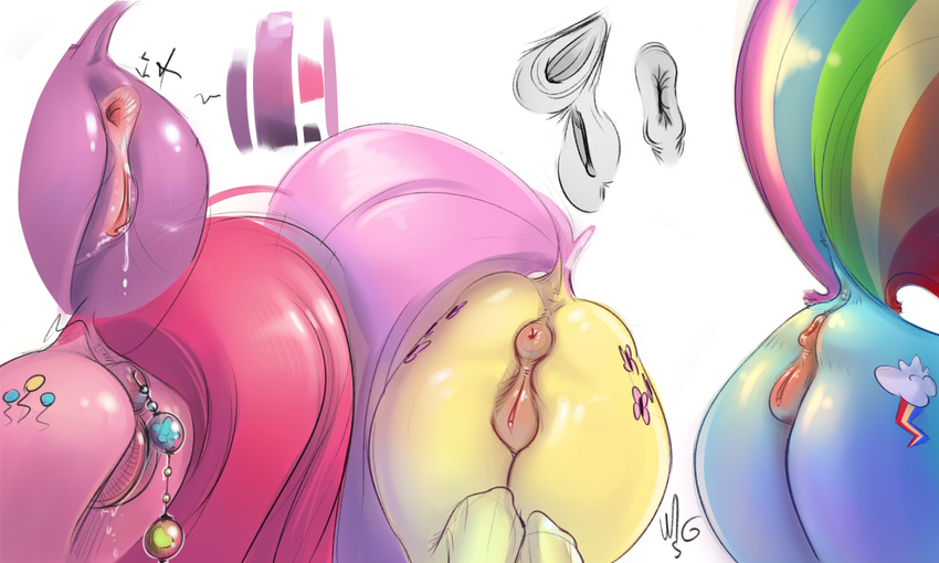 anal anal_beads bent_over butt cutie_mark equine female fluttershy_(mlp) friendship_is_magic horse mammal musikalgenius my_little_pony pinkie_pie_(mlp) pussy_juice rainbow_dash_(mlp) sex_toy twilight_sparkle_(mlp) vaginal