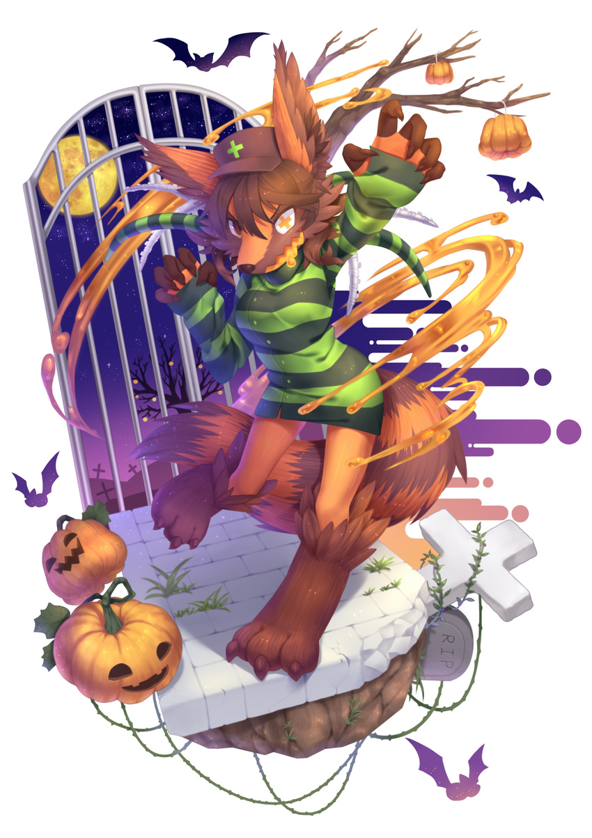 bat bottomless canine claws clothed clothing drooling female fox fur grave half-dressed halloween hat holidays jack_o'_lantern mammal moon negaren night nongqiling open_mouth orange_eyes plain_background pumpkin saliva star tombstone tree white_background