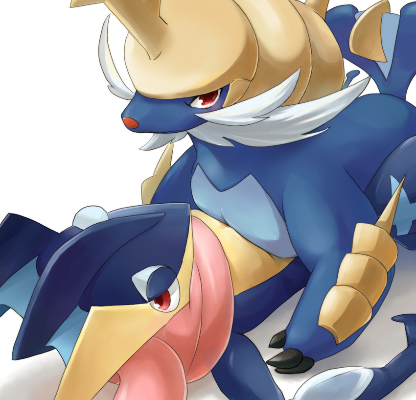 2014 ambiguous_gender duo feral greninja looking_at_viewer lying missionary_position mohuten nintendo nude on_back on_top plain_background pok&eacute;mon samurott sex video_games white_background