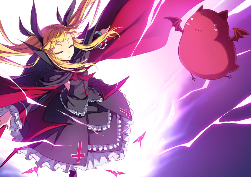 blazblue blonde_hair cape closed_eyes gii gothic_lolita hair_ribbon lolita_fashion outstretched_arms rachel_alucard ribbon shingo_(missing_link) spread_arms twintails
