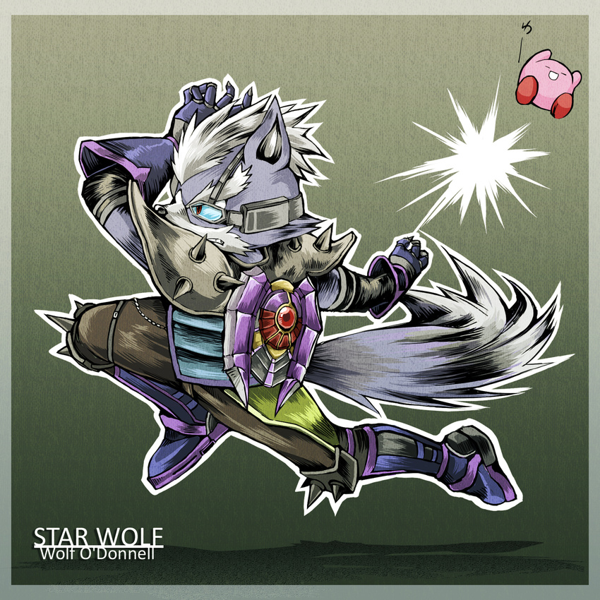 alien anthro black_nose boots canine clothing crossover duo eyewear fur gloves grey_fur jacket kirby kirby_(series) male mammal nintendo plain_background shoulder_pads spikes star_fox super_smash_bros unknown_artist video_games white_fur wolf wolf_o'donnell