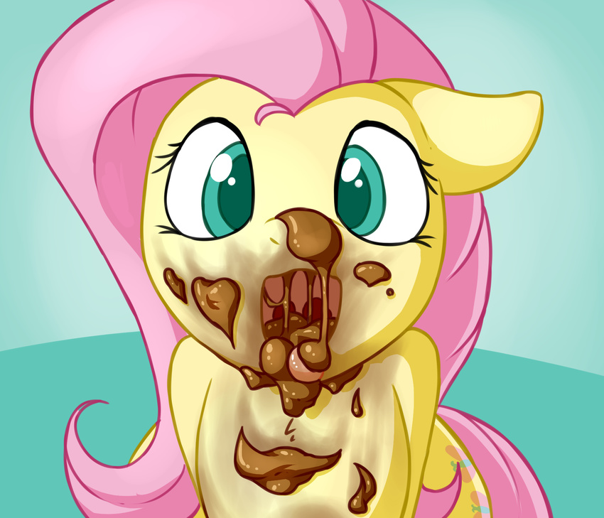 2015 eating_shit equine fearingfun feces female fluttershy_(mlp) friendship_is_magic hair hi_res horse long_hair looking_at_viewer mammal messy my_little_pony pink_hair pony scat solo