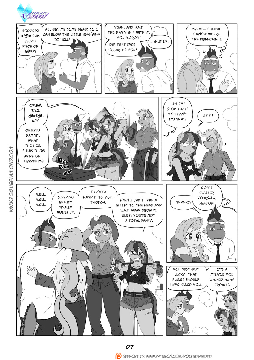 2015 anthro anthrofied applejack_(mlp) bandage clothing comic dialogue door dragon duo earth_pony english_text equine female fluttershy_(mlp) friendship_is_magic greyscale horse male mammal monochrome my_little_pony necktie panic paper pegasus pia-sama pony rainbow_dash_(mlp) scalie spike_(mlp) steam text wings