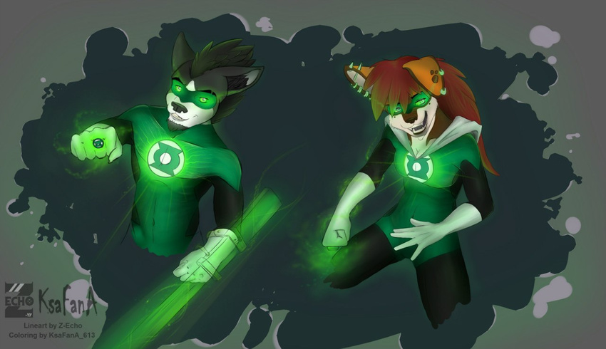 2014 anthro canine clothed clothing duo female fur green_lantern hair male mammal ring superhero weapon wolf zack zecho