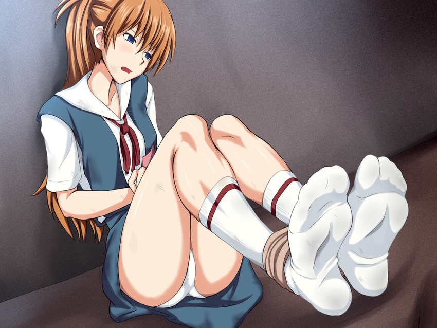 1girl blue_eyes feet maku_(l-u) neon_genesis_evangelion no_shoes orange_hair panties school_uniform socks soles soryu_asuka_langley toes underwear