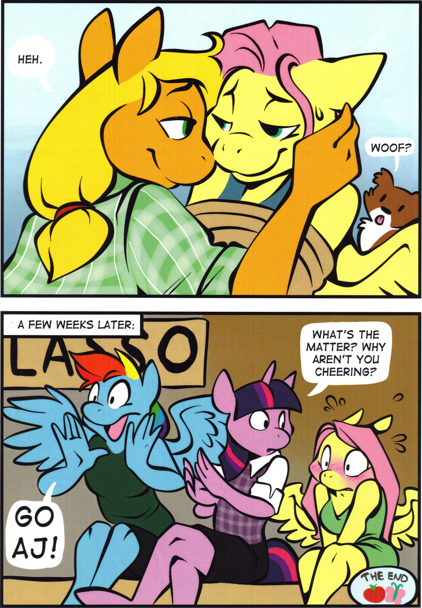 anthro anthrofied applejack_(mlp) blush bound canine clothed clothing comic dialogue dog earth_pony english_text equine female female/female feral fluttershy_(mlp) friendship_is_magic group horn horse mammal my_little_pony pegasus pony rainbow_dash_(mlp) text twilight_sparkle_(mlp) unicorn wings winona_(mlp)