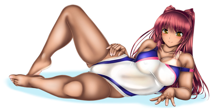 blush breasts brown_eyes competition_swimsuit covered_nipples hand_on_hip kousaka_tamaki large_breasts long_hair looking_at_viewer lying one-piece_swimsuit otone red_hair shiny shiny_skin simple_background smile solo swimsuit tan tanline to_heart_2 white_background