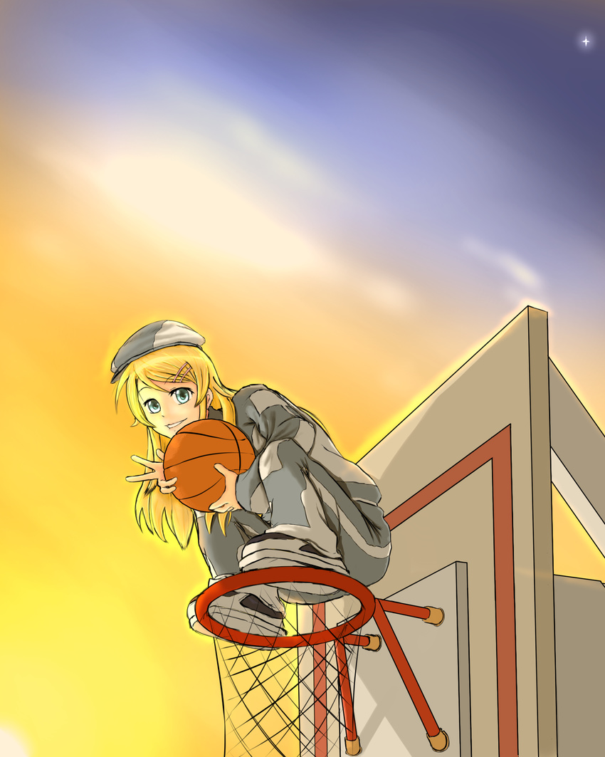 ball basketball basketball_hoop blonde_hair blue_eyes cabbie_hat elakan gopnik grin hair_ornament hairclip hat highres kousaka_kirino long_hair ore_no_imouto_ga_konna_ni_kawaii_wake_ga_nai shoes smile sneakers solo squatting track_suit v