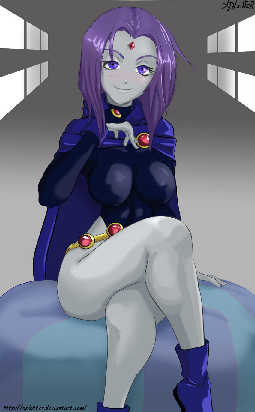 ankle_boots belt blush boots breasts brooch cape crossed_legs dc_comics forehead_jewel grey_skin highres jewelry leotard medium_breasts purple_eyes purple_hair raven_(dc) short_hair sitting smile solo teen_titans xplotter