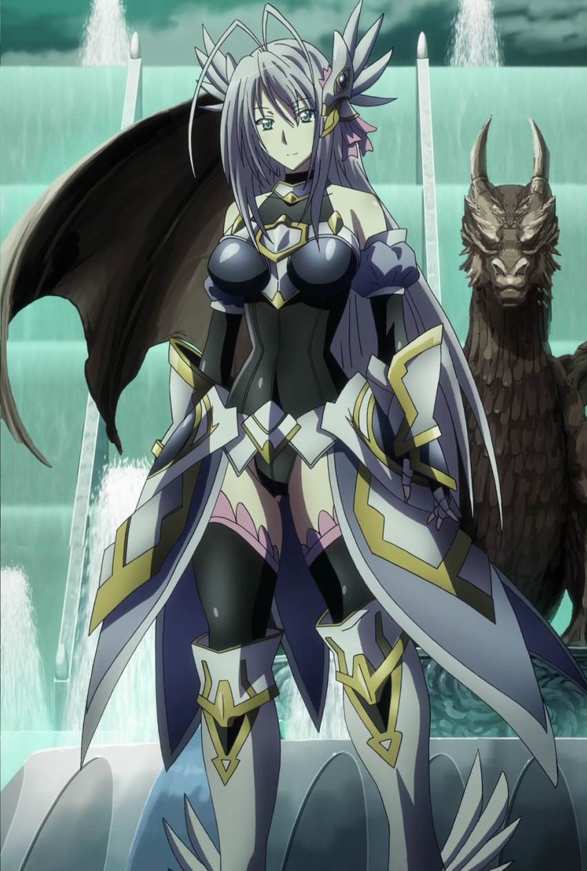 1girl aqua_eyes armor breasts female high_school_dxd highres large_breasts long_hair rossweisse silver_hair smile solo standing stitched