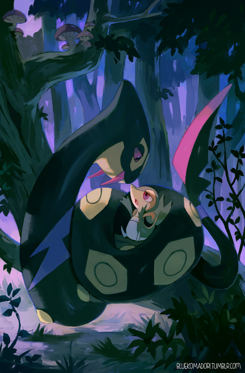 artist_name bluekomadori fangs forest gen_3_pokemon gen_5_pokemon highres looking_at_another mushroom nature night no_humans open_mouth outstretched_arms plant pokemon pokemon_(creature) red_sclera seviper sitting snake snivy tree watermark web_address |_|