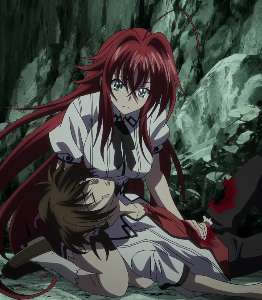 1boy 1girl breasts high_school_dxd hyoudou_issei large_breasts red_hair rias_gremory stitched