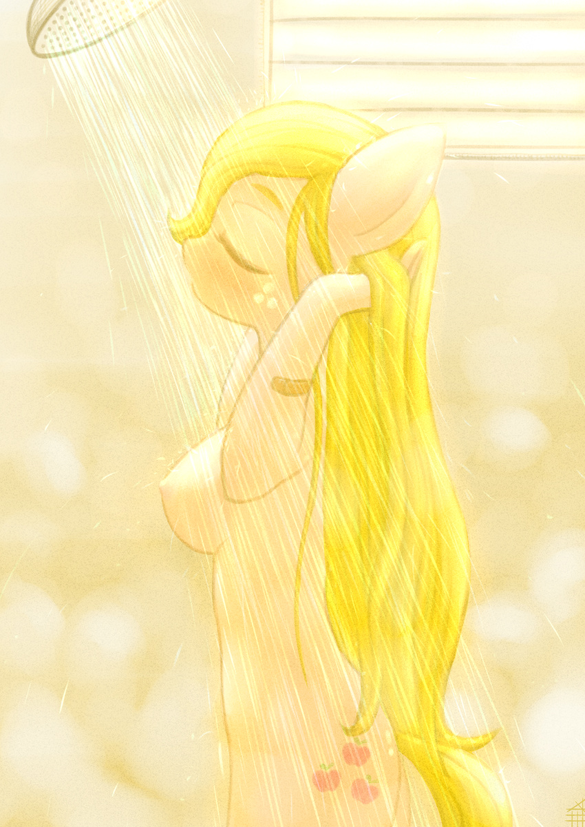 2015 anthro anthrofied applejack_(mlp) band-aid bandage blonde_hair earth_pony equine female freckles friendship_is_magic hair horse inside mammal mesperal my_little_pony pony shower solo water