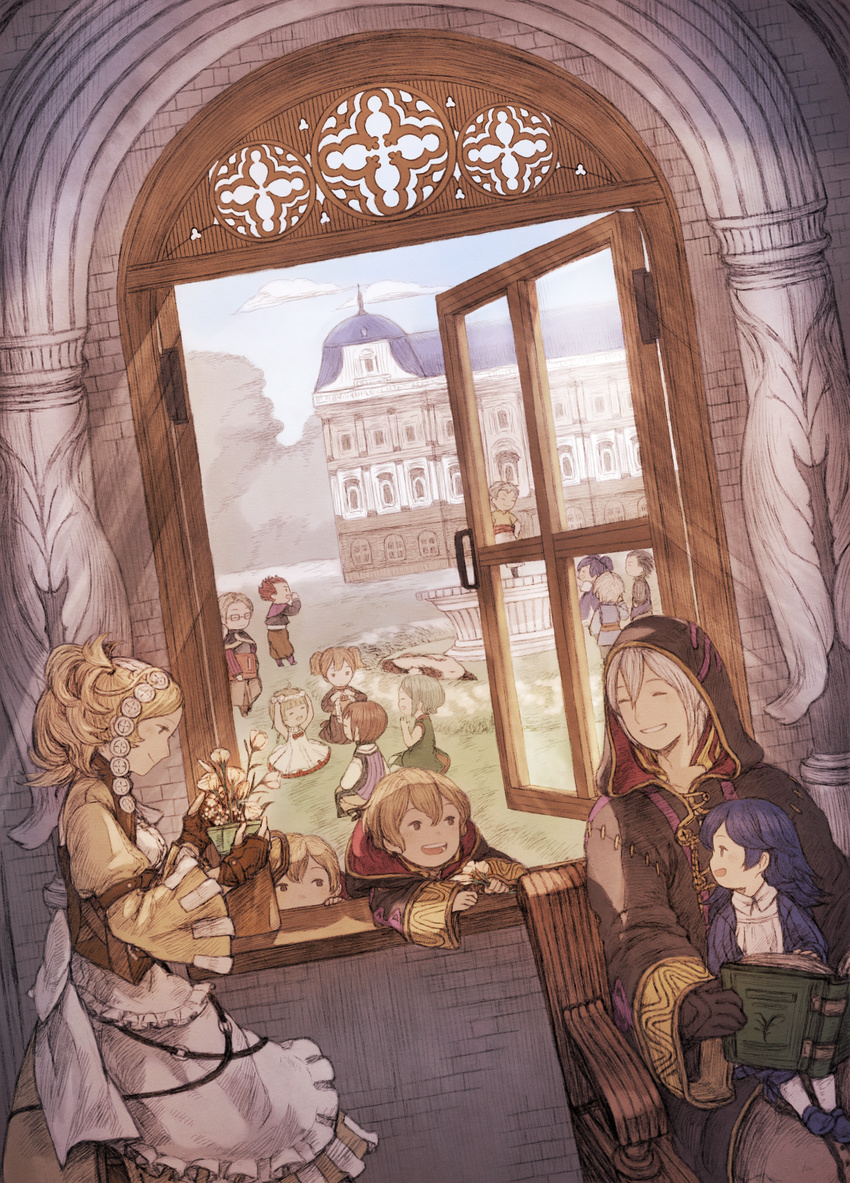 6+girls ^_^ armchair azur_(fire_emblem) black_gloves blonde_hair blue_hair book bredy_(fire_emblem) brick_wall brown_eyes building bunny chair chambray child closed_eyes cloud cynthia_(fire_emblem) degel dress dual_persona dutch_angle eudes_(fire_emblem) fire_emblem fire_emblem:_kakusei flower gloves green_hair grin head_wreath highres holding holding_book hood jerome_(fire_emblem) laurent layered_dress light_rays liz_(fire_emblem) long_sleeves lucina maekakekamen male_my_unit_(fire_emblem:_kakusei) mamkute mark_(female)_(fire_emblem) mark_(fire_emblem) mark_(male)_(fire_emblem) multiple_boys multiple_girls my_unit_(fire_emblem:_kakusei) nn_(fire_emblem) noire_(fire_emblem) open_book open_mouth open_window plant potted_plant red_hair selena_(fire_emblem) sitting sitting_on_lap sitting_on_person sky smile standing stitches twintails white_hair wide_sleeves window younger