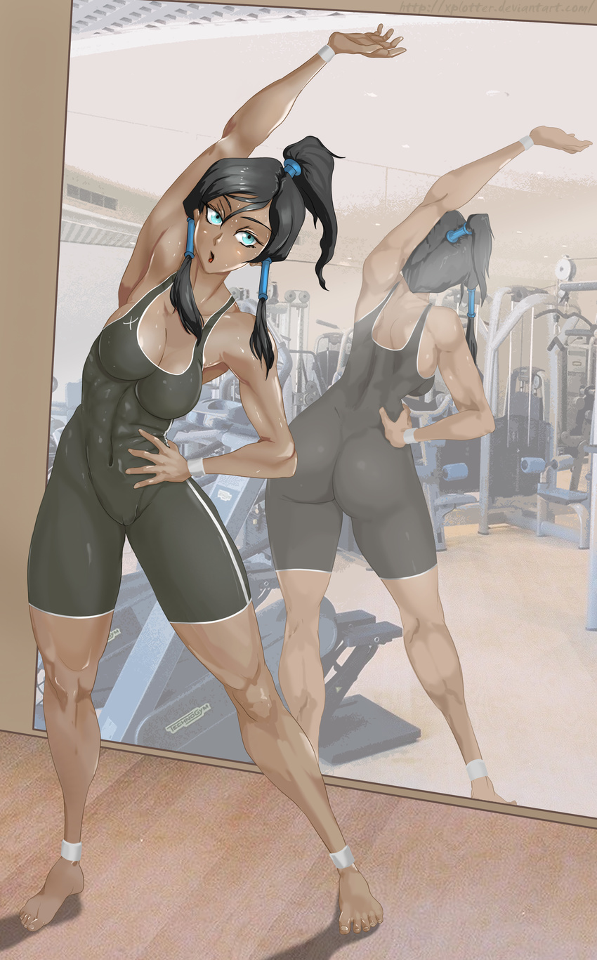 abs absurdres ankleband arm_up ass avatar:_the_last_airbender avatar_(series) barefoot black_hair blue_eyes breasts cleavage contemporary dark_skin full_body gym hair_tubes hand_on_hip high_ponytail highres korra long_hair mirror mirror_image muscle sidelocks skin_tight solo stretch sweat the_legend_of_korra toes unitard wristband xplotter