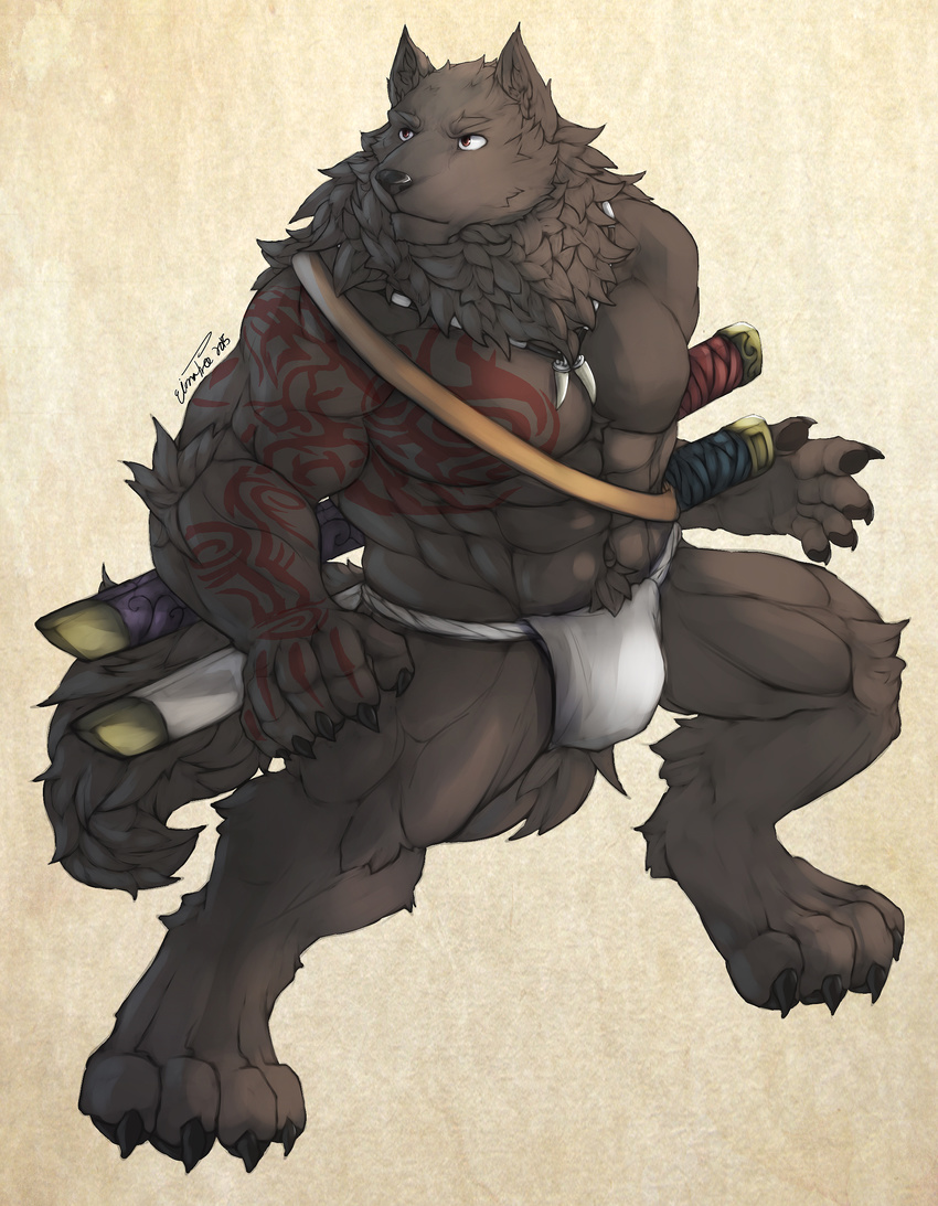 2015 abs anthro barefoot biceps big_muscles black_fur black_nose black_pawpads bulge canine cinna-tree claws clothed clothing digitigrade fluff fundoshi fur grey_fur half-dressed male mammal muscles necklace pawpads paws pecs pose red_eyes solo standing sword tattoo toe_claws toned topless underwear weapon wolf