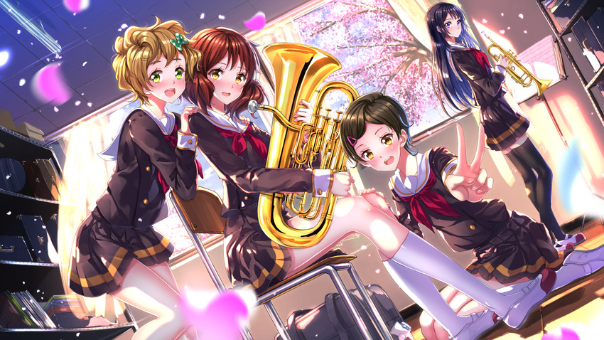 :d bag black_hair black_legwear blonde_hair blush bow brown_hair chair cherry_blossoms curtains dutch_angle euphonium hair_bow hair_ornament hairclip hand_on_another's_knee hand_on_another's_shoulder hibike!_euphonium highres holding indoors instrument instrument_case katou_hazuki kawashima_sapphire kneehighs kousaka_reina long_hair long_legs long_sleeves multiple_girls music_stand neckerchief open_mouth oumae_kumiko outstretched_arm petals pleated_skirt purple_eyes red_neckwear school_bag school_uniform serafuku sheet_music shelf shirt shoes short_hair sitting skirt smile standing swordsouls thighhighs trumpet uwabaki v wariza white_legwear window yellow_eyes zettai_ryouiki