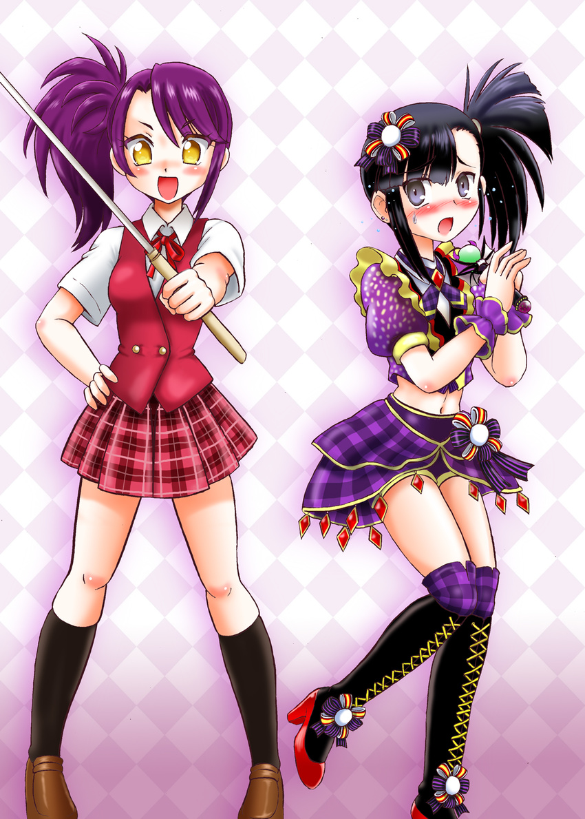 :d black_eyes black_hair cosplay costume_switch crossover highres hoshikawa_tsukimi idol look-alike mahora_academy_middle_school_uniform mahou_sensei_negima! microphone midriff multiple_girls navel open_mouth plaid plaid_skirt pretty_(series) pripara purple_hair sakurazaki_setsuna sakurazaki_setsuna_(cosplay) school_uniform side_ponytail skirt smile sword toudou_shion toudou_shion_(cosplay) weapon yellow_eyes