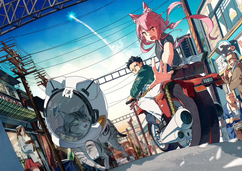 3boys animal_ears basket black_hair brown_hair cat cat_ears cigarette clothes_around_waist condensation_trail day glasses ground_vehicle highres hitogome jacket jacket_around_waist motor_vehicle motorcycle multiple_boys multiple_girls newspaper open_clothes open_jacket orange_eyes original pink_hair ponytail power_lines reaching_out sarashi skirt smoking space_helmet telephone_pole track_suit twintails wristband
