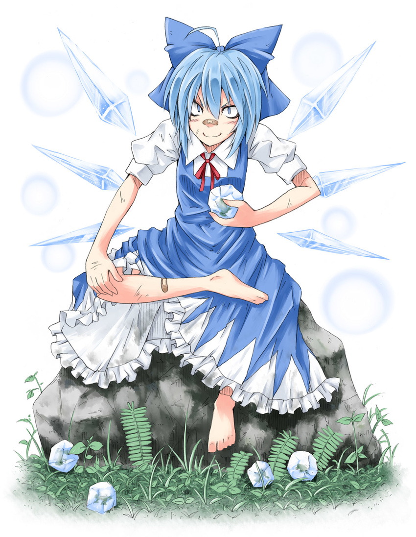 ahoge bandaid bandaid_on_leg bandaid_on_nose barefoot blue_eyes blue_hair bow cirno crossed_legs evil_grin evil_smile feet frog full_body grass grin hair_bow highres holding ice ice_wings iseki_mitsuharu looking_at_viewer puffy_short_sleeves puffy_sleeves rock short_sleeves sitting smile solo touhou wings