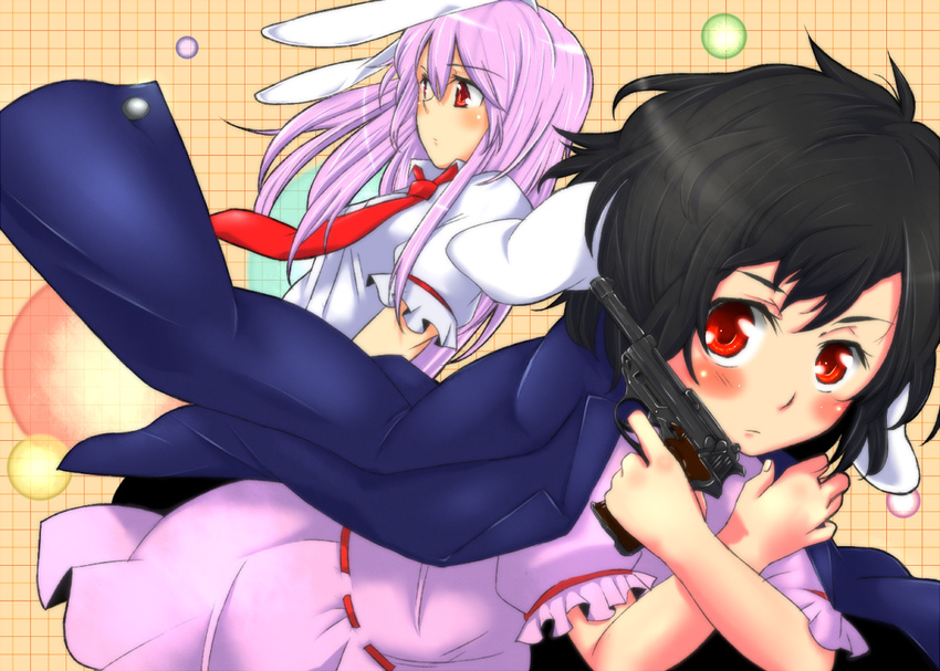 animal_ears black_hair blazer bunny_ears gun inaba_tewi jacket kimino_tomonari long_hair mugen_soukyuu multiple_girls necktie purple_hair red_eyes red_neckwear reisen_udongein_inaba short_hair touhou weapon