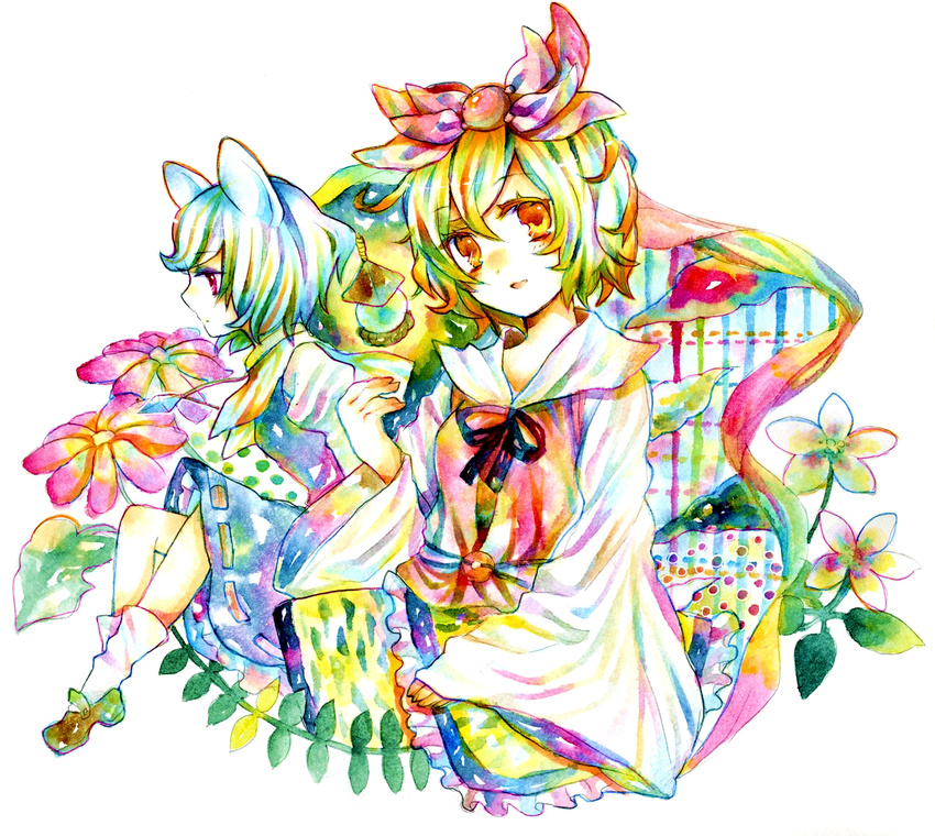 animal_ears bishamonten's_pagoda flower hair_ornament legomaru mouse_ears multiple_girls nazrin short_hair toramaru_shou touhou traditional_media watercolor_(medium) yellow_eyes