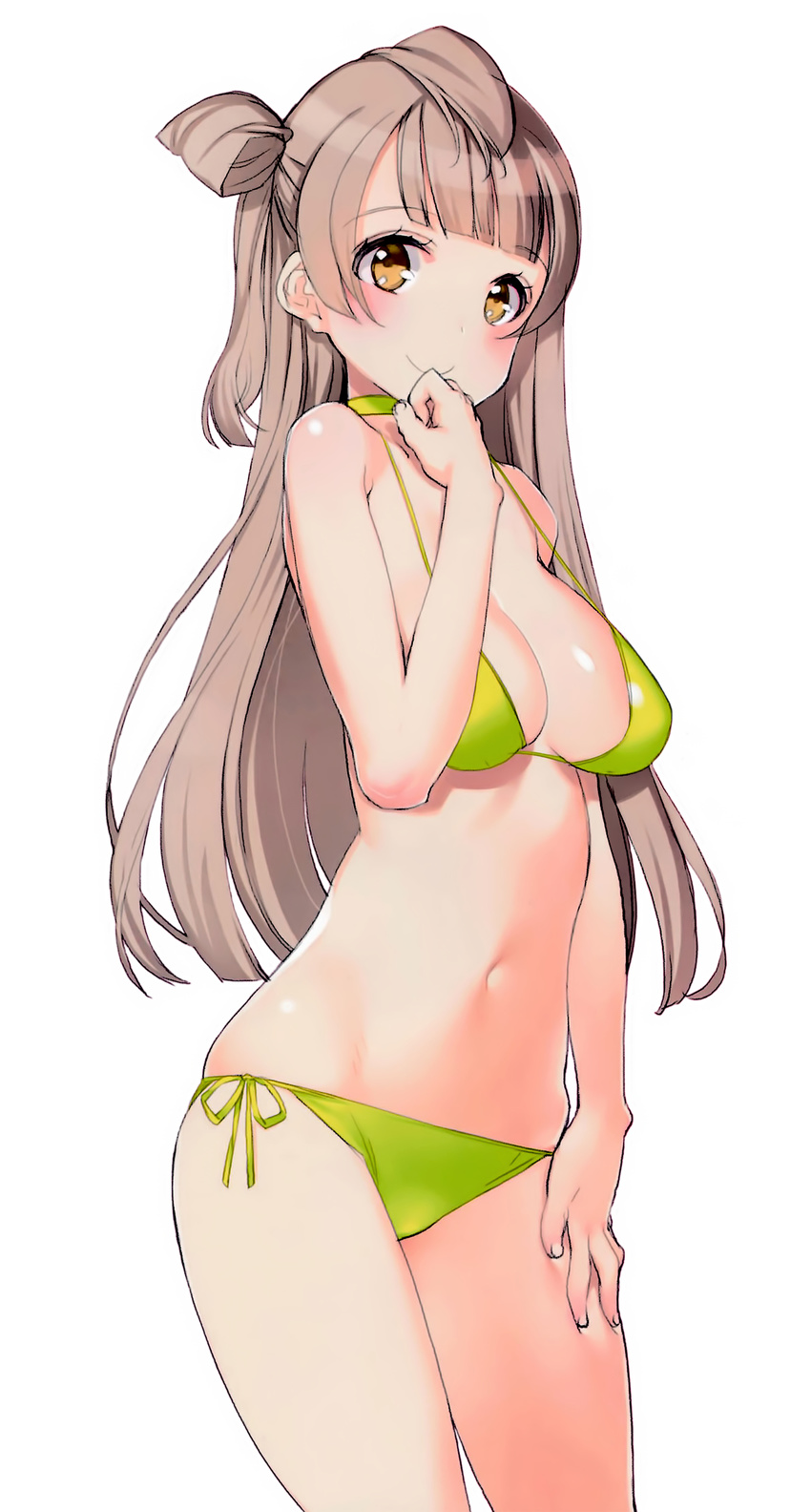 bare_shoulders bikini blush breasts brown_eyes brown_hair choker cleavage contrapposto cowboy_shot green_bikini hand_on_thigh hand_to_own_mouth highres large_breasts long_hair looking_at_viewer love_live! love_live!_school_idol_project minami_kotori navel one_side_up ooyari_ashito scan side-tie_bikini simple_background smile solo standing strap_gap string_bikini swimsuit white_background
