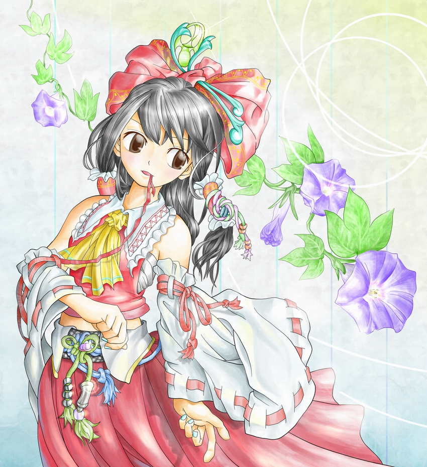 aqua_nails ascot bad_id bad_pixiv_id black_hair brown_eyes clenched_hand detached_sleeves embellished_costume fingernails flower gradient gradient_background hair_ornament hair_ribbon hair_tubes hakurei_reimu long_hair looking_away midriff morning_glory mouth_hold nagayo nail_polish obi parted_lips ribbon ribbon-trimmed_sleeves ribbon_in_mouth ribbon_trim sarashi sash skirt skirt_set solo striped striped_background touhou