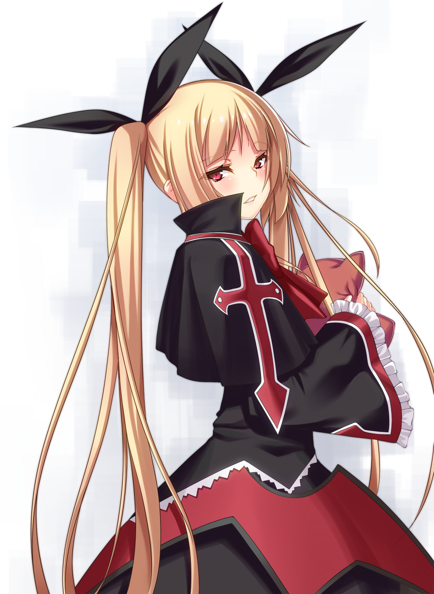 black_capelet blazblue blonde_hair blush capelet colored_eyelashes dress frills gii hair_ribbon highres long_hair looking_back parted_lips rachel_alucard red_eyes ribbon takanashi-a twintails wide_sleeves